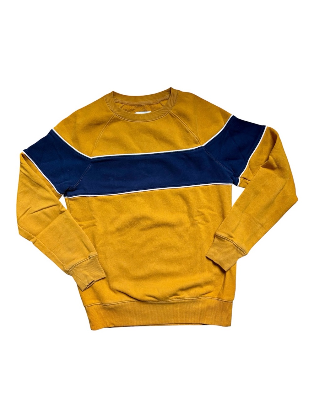 Goodfellow & Co Mustard Yellow Crewneck Fleece Sweatshirt with Navy Chest Band